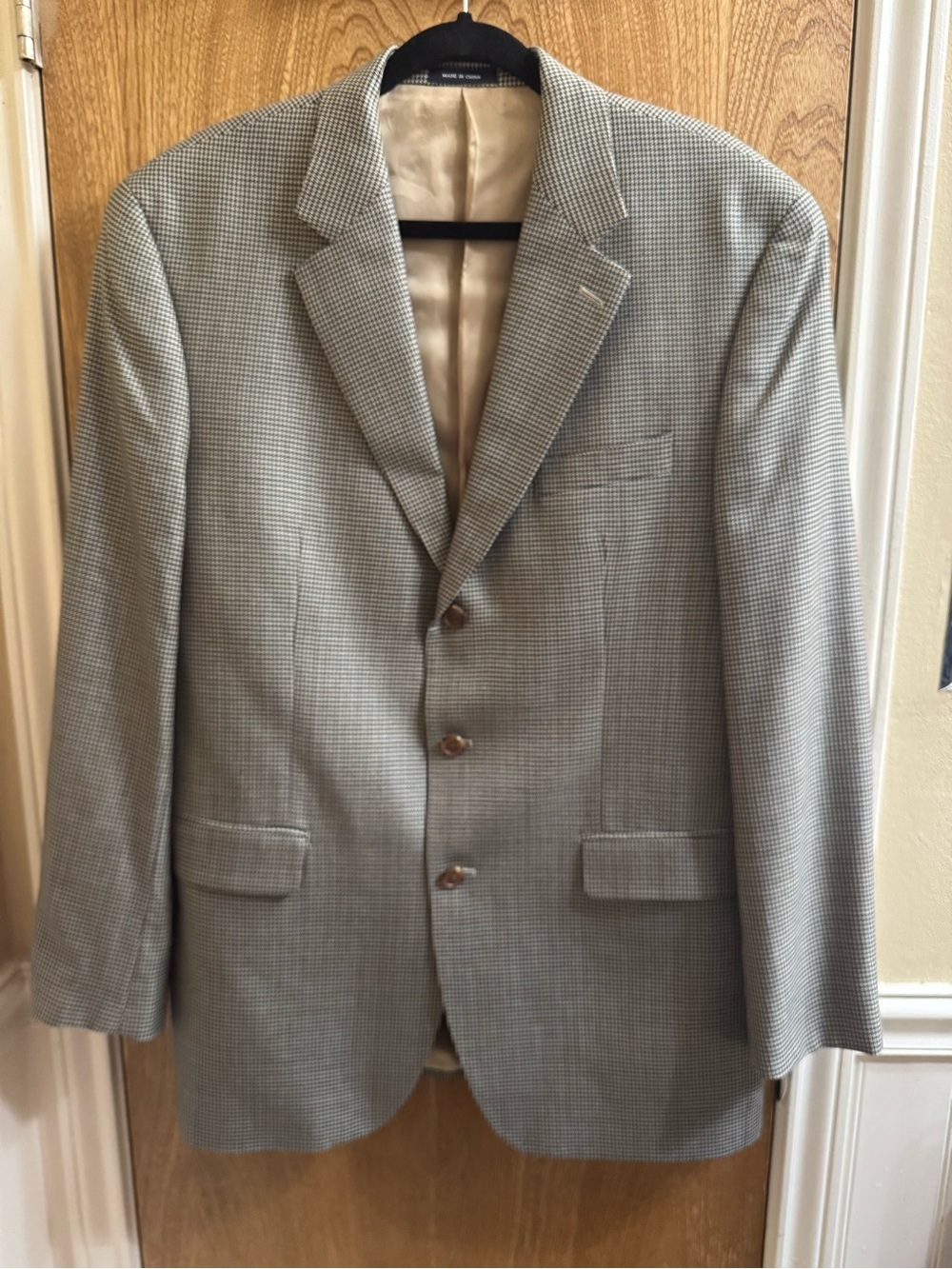 Ralph Lauren Wool Silk Houndstooth Blazer Sport Coat Size 42L Beige Black Blue